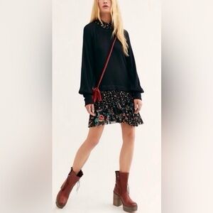 FREE PEOPLE Opposites Attract Mini Dress Black Floral Boho Ruffle Size M